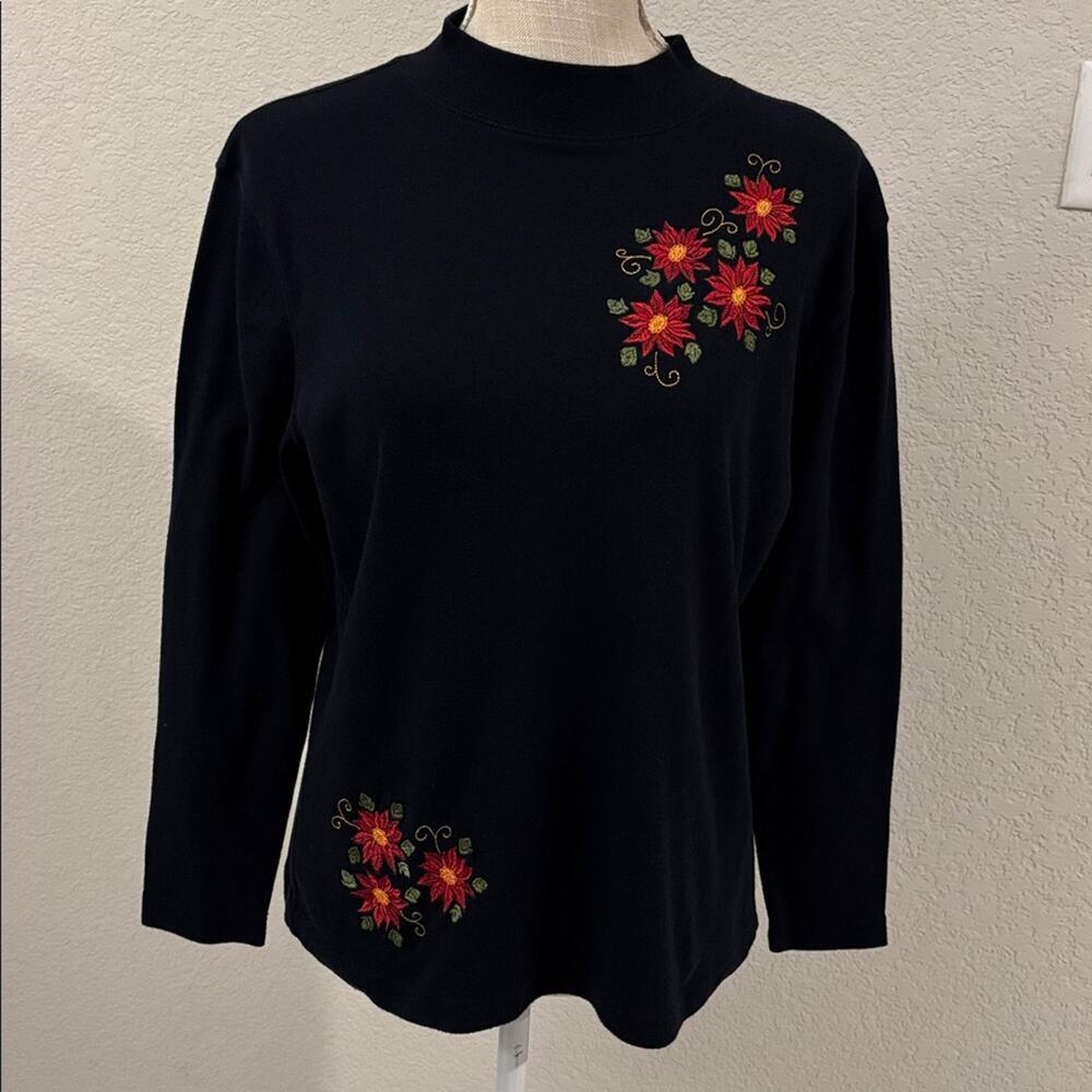 Mountain Lake Womens' Black Floral Long Sleeve Shirt Mock Neck Casual Stretch M